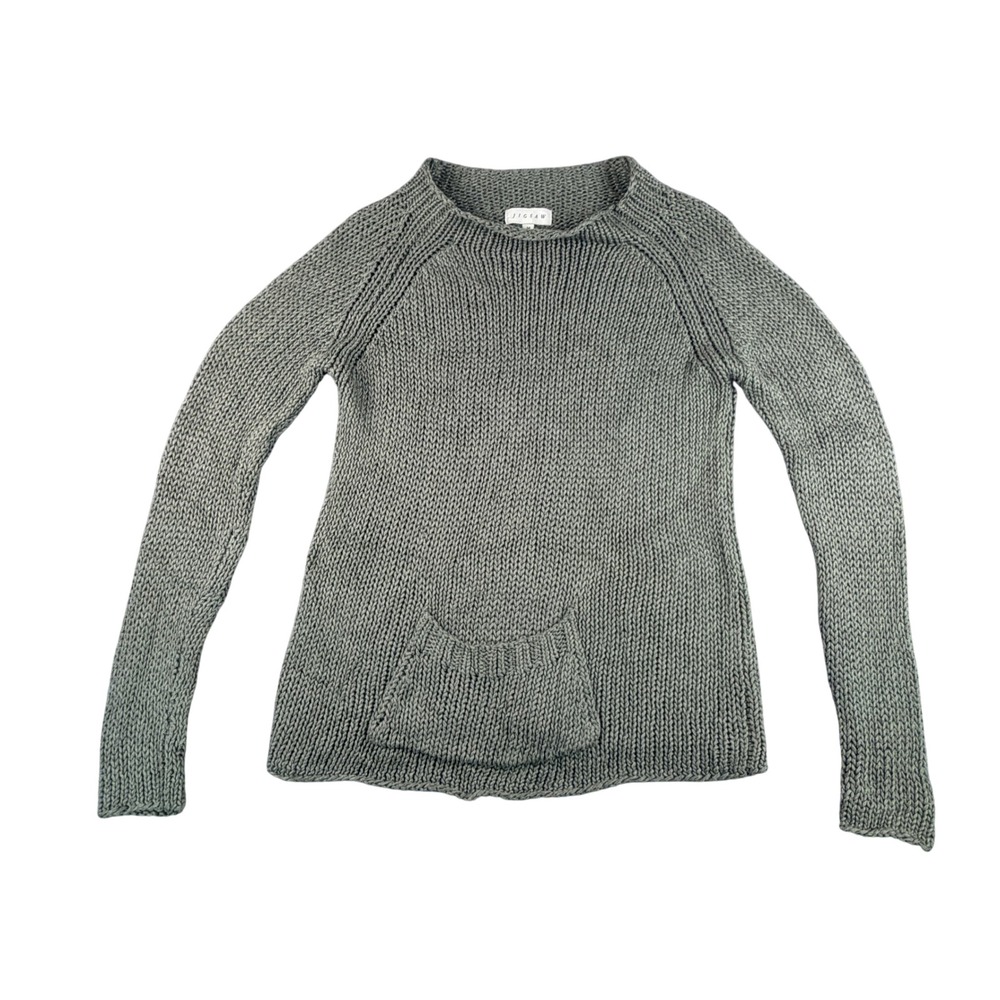 Jigsaw Chunky Shaker Knit Kangaroo Pocket Sweater Medium Linen Silk Olive Green